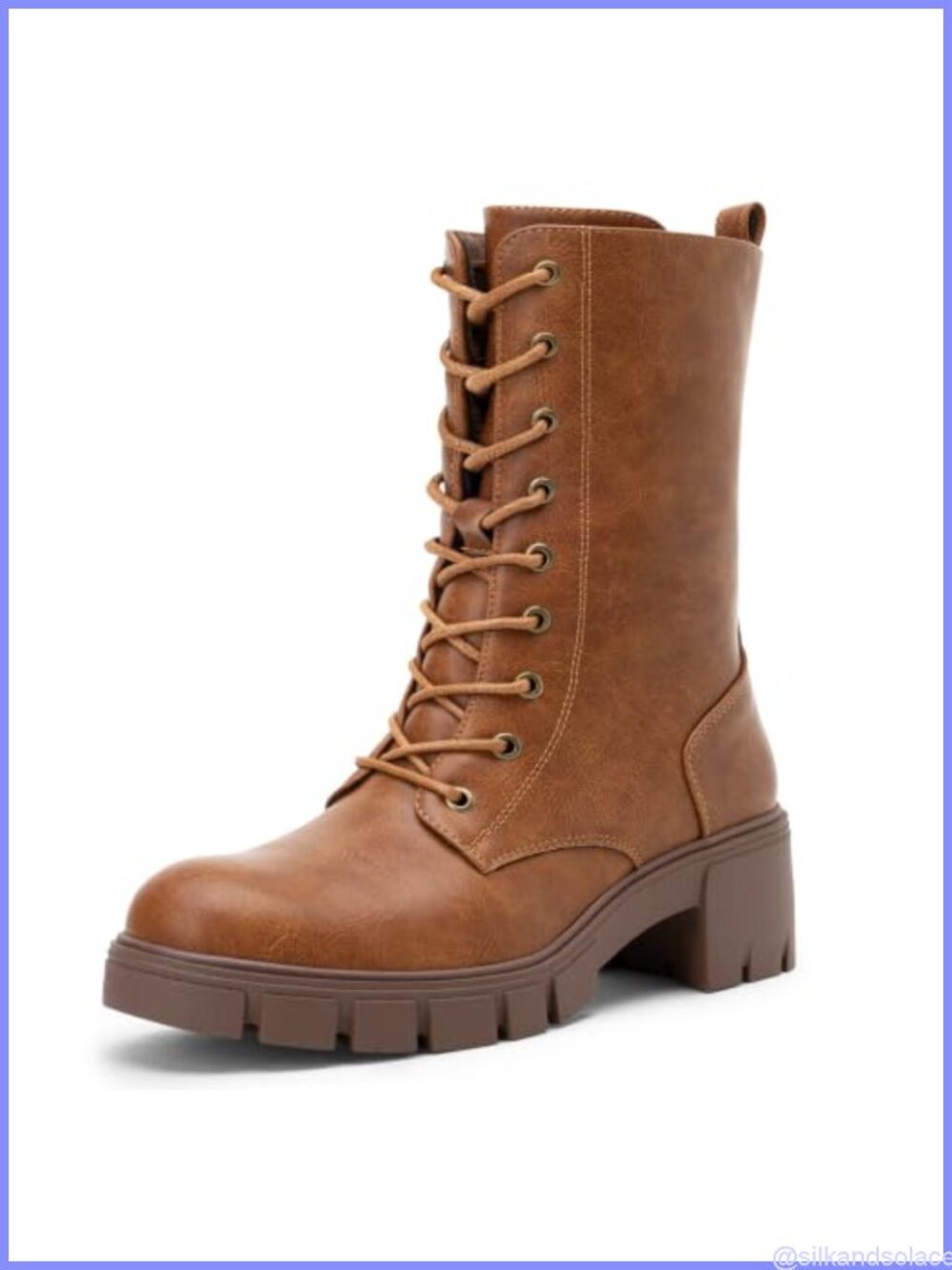 Women's Mid Calf Lace Up Platform Combat Boots Faux Leather